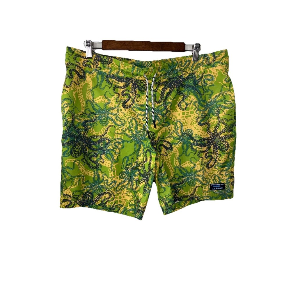 LL Bean Green Octopus Mens Medium Lined Swim Trunks‎ Shorts Bathing Suit Green